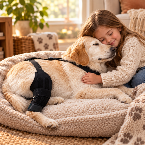 Child Hugging Dog with Knee Brace