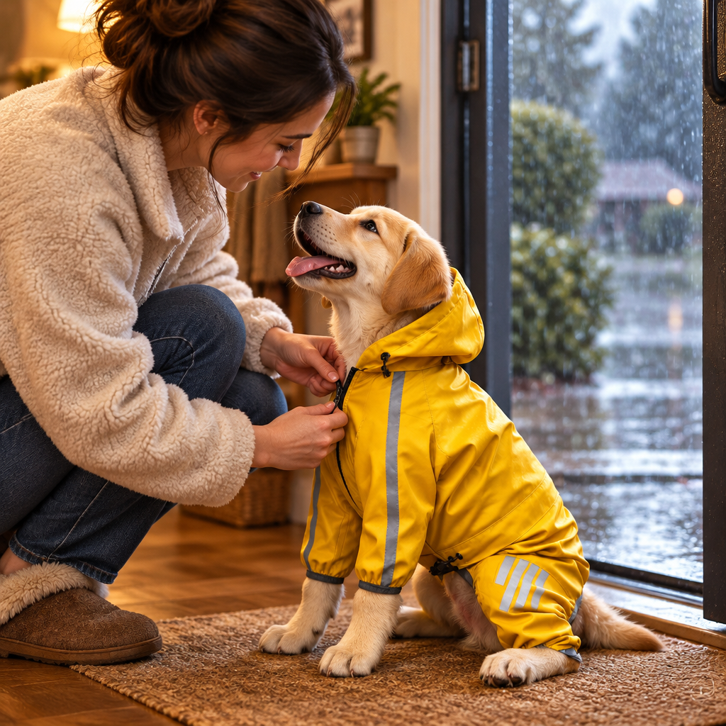 Owner Zipping Dog Raincoat at Door
